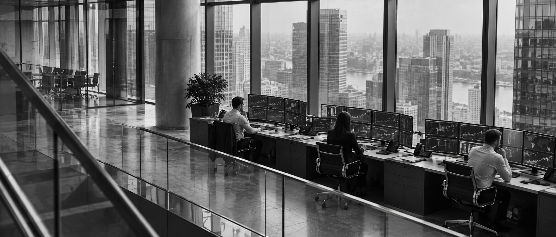 Investment professionals working at market data terminals
